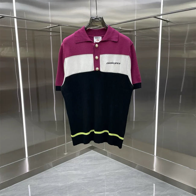 Casablanca Colorblock Knit Polo Shirt - Burgundy / White / Navy Hover Image