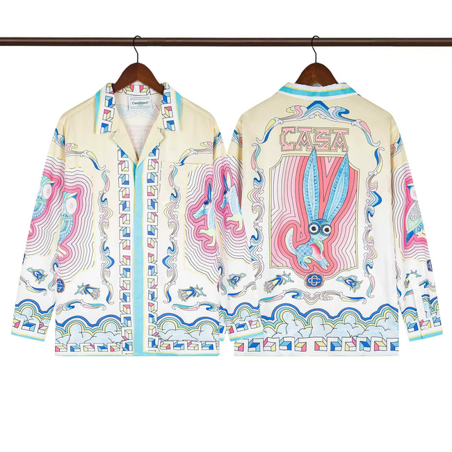 Casablanca Folkloric Rabbit & Baroque Silk-Style Shirt - Cream / Blue Hover Image