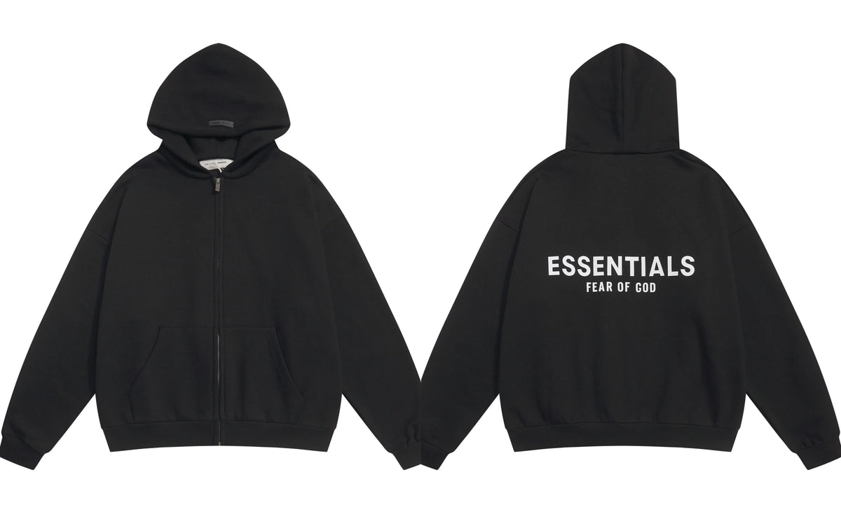 Fog Essentials Black Zip‑Up Hoodie, Contrast White Bold Back Logo Oversized Street‑Wear Jacket