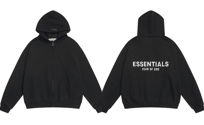 Fog Essentials Black Zip‑Up Hoodie, Contrast White Bold Back Logo Oversized Street‑Wear Jacket Hover Image