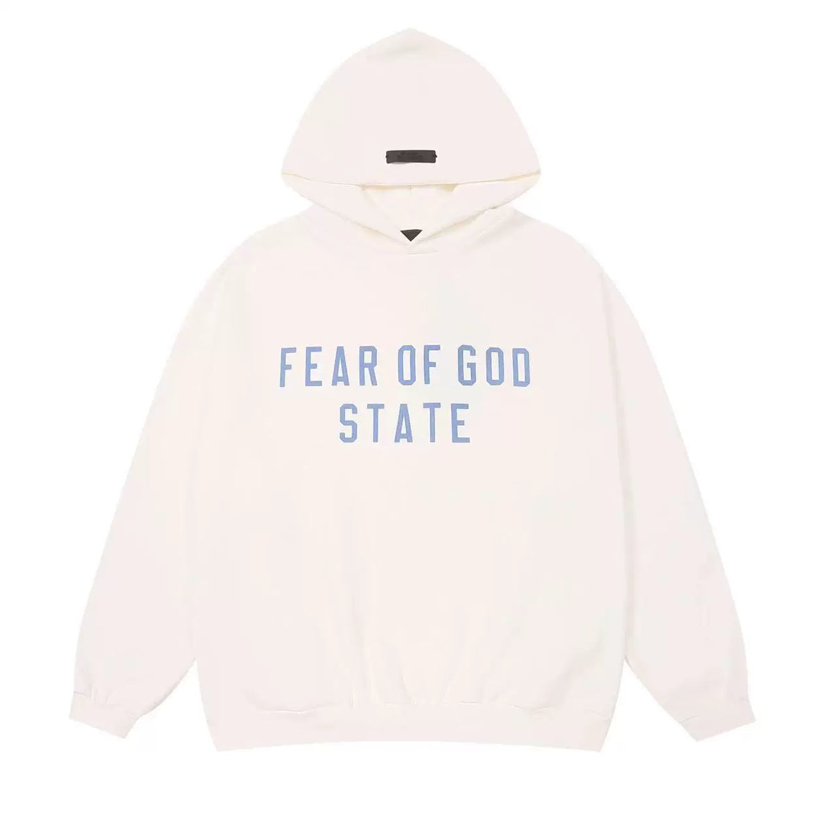 Fog Essentials Off‑White Oversized Hoodie Blue “FEAR OF GOD STATE” Chest Print