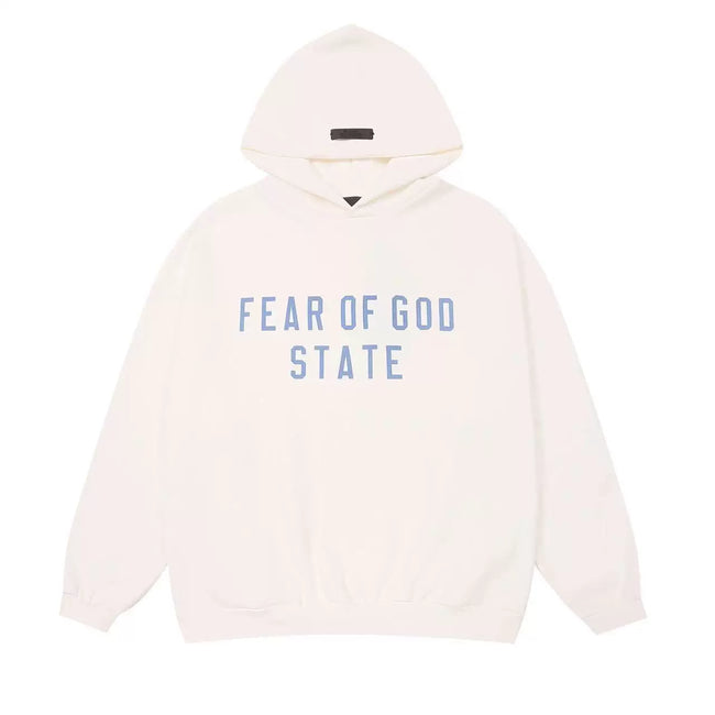 Fog Essentials Off‑White Oversized Hoodie Blue “FEAR OF GOD STATE” Chest Print Hover Image