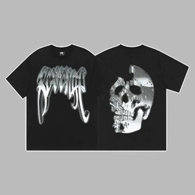 Revenge Silver Metallic Arch Logo & Skull Graphic Short Sleeve T-Shirt (Black) Hover Image