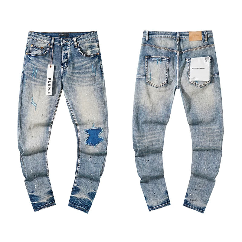 Blue Patch Paint‑Splatter Light‑Wash Slim Denim Jeans Streetwear Pants