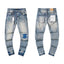 Blue Patch Paint‑Splatter Light‑Wash Slim Denim Jeans Streetwear Pants