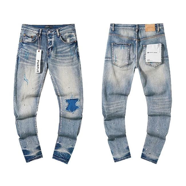Blue Patch Paint‑Splatter Light‑Wash Slim Denim Jeans Streetwear Pants Hover Image