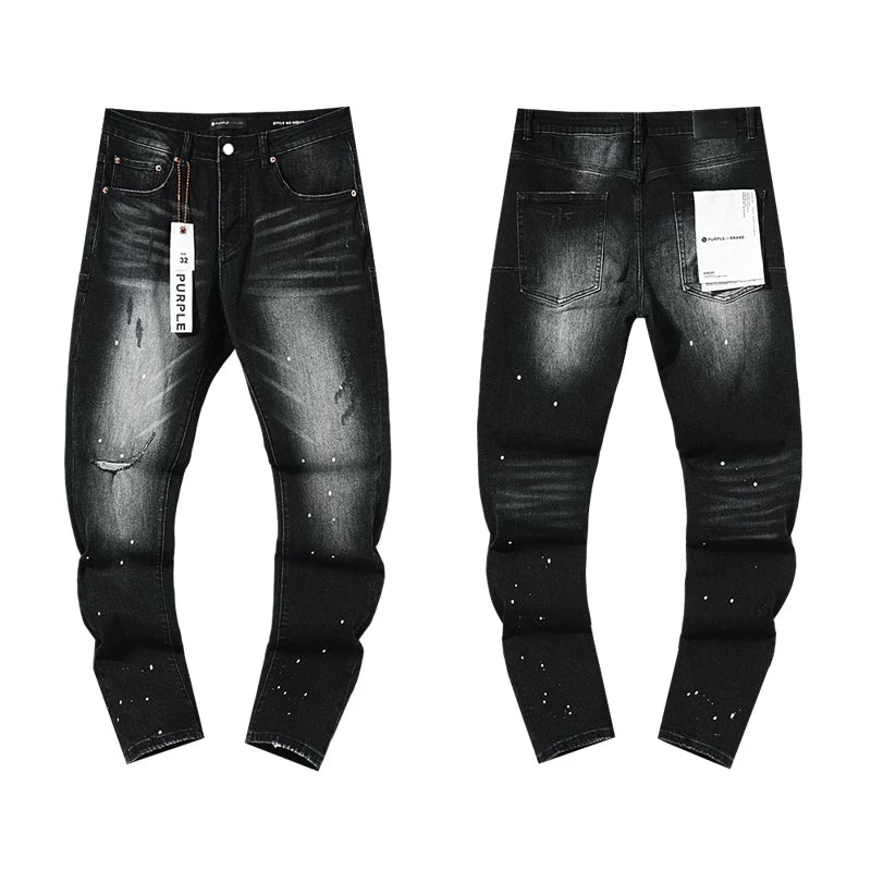 Ripped White Paint-Splatter Black Slim Denim Jeans Streetwear Pants