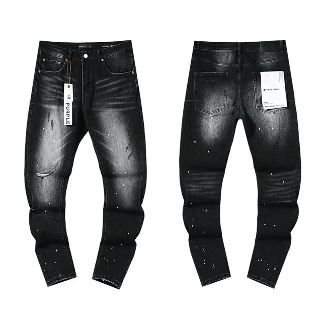 Ripped White Paint-Splatter Black Slim Denim Jeans Streetwear Pants Hover Image