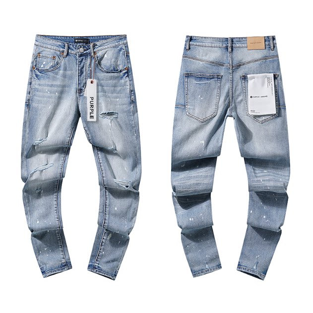 Light‑Wash Multi‑Ripped Paint‑Splatter Slim Denim Jeans Streetwear Pants