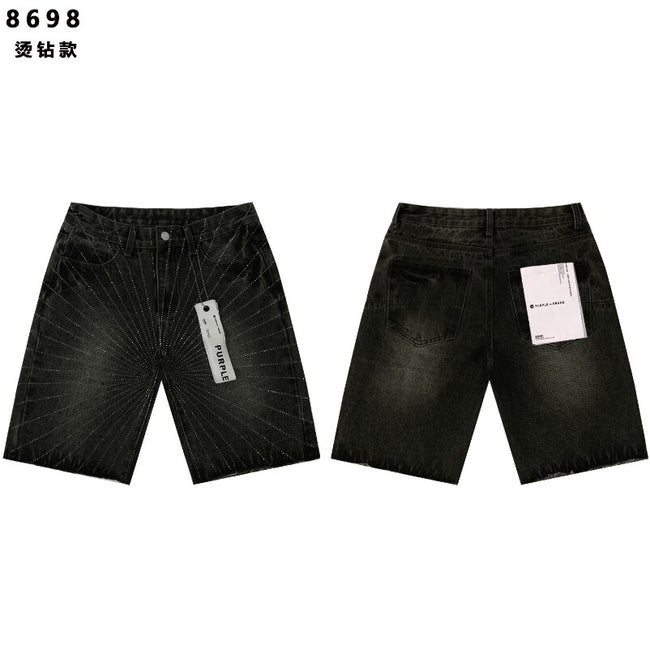 Radial Rhinestone Black Denim Shorts Hover Image