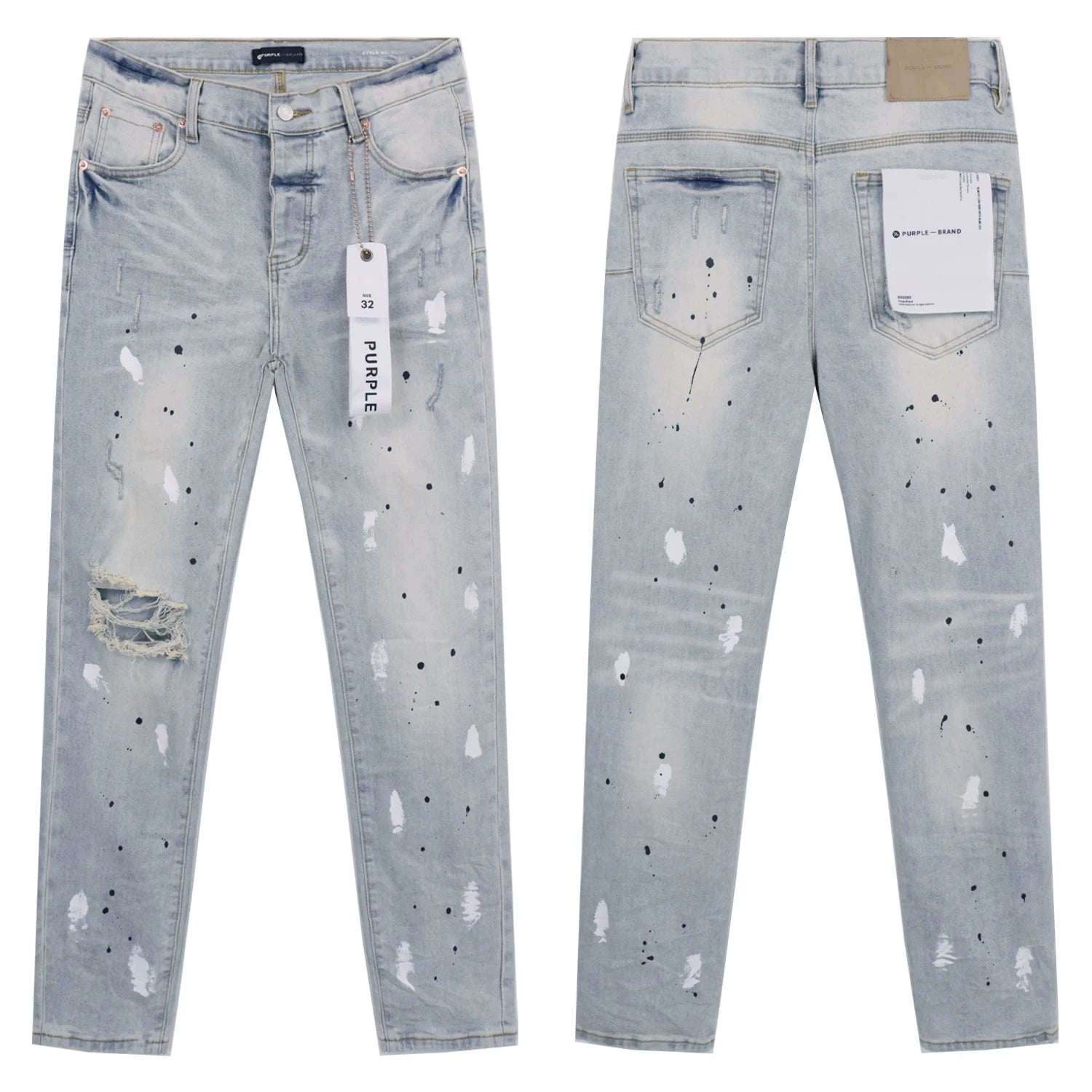 Light‑Wash Splatter Paint Ripped Straight‑Leg Jeans