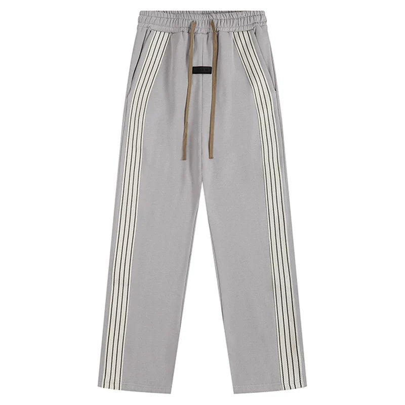 Fog Essentials Light Grey Side‑Stripe Straight‑Leg Casual Sweatpants Streetwear Trousers