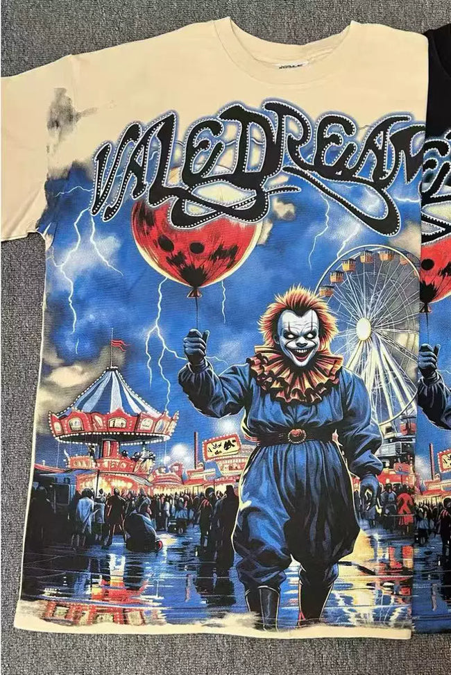 VALEFOREVER Cream Carnival Clown Retro Horror Graphic Short Sleeve T-Shirt Hover Image