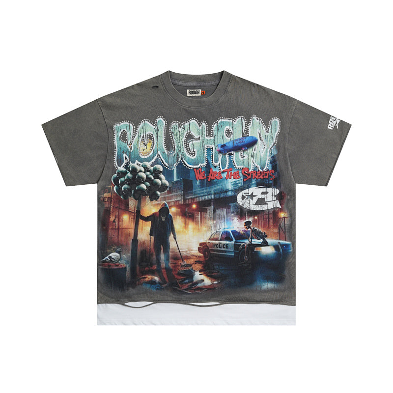 ROUGHPLAY Heavyweight Layered Graphic Tee - Apocalyptic Blimp & Mohawk Skull