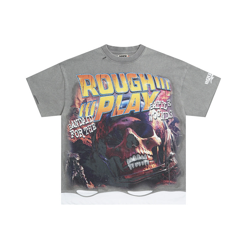 ROUGHPLAY Heavyweight Layered Graphic Tee - Faded Grey Skull & Lightning