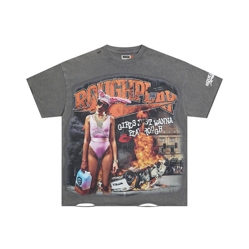 ROUGHPLAY Heavyweight Distressed Graphic Tee - Pink Swimsuit & Burning Car