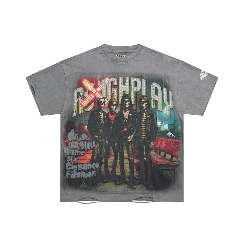 ROUGHPLAY Heavyweight Distressed Graphic Tee - Punk Rock Band & Vintage Poster