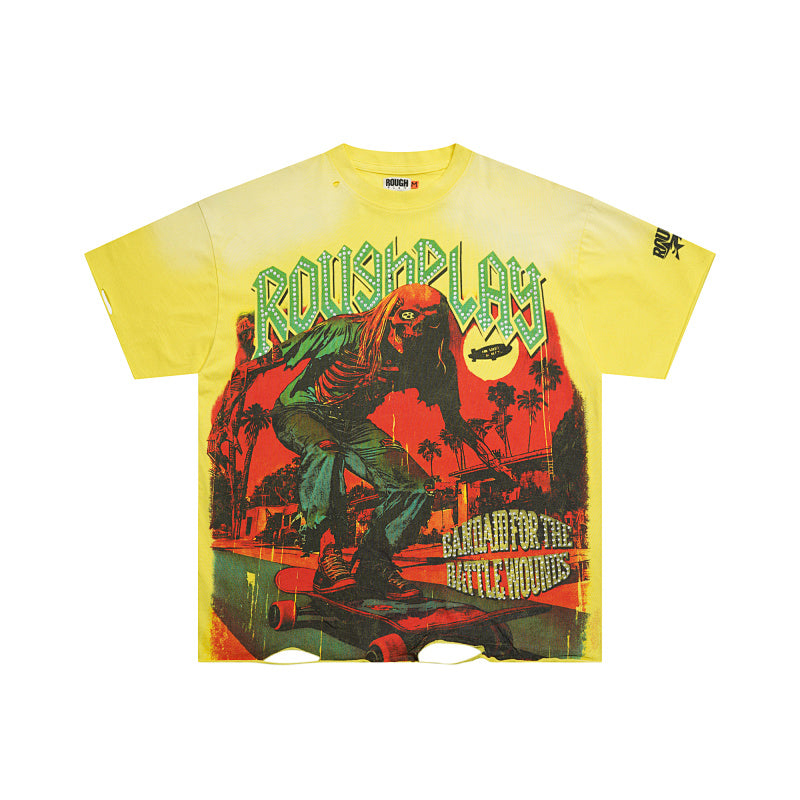 ROUGHPLAY Heavyweight Distressed Graphic Tee - Acid Yellow Skater Monster