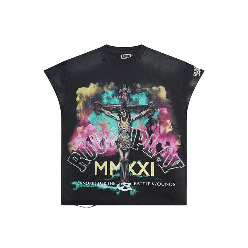 ROUGHPLAY Heavyweight Distressed Graphic Tee - Neon Cross & MMXXI