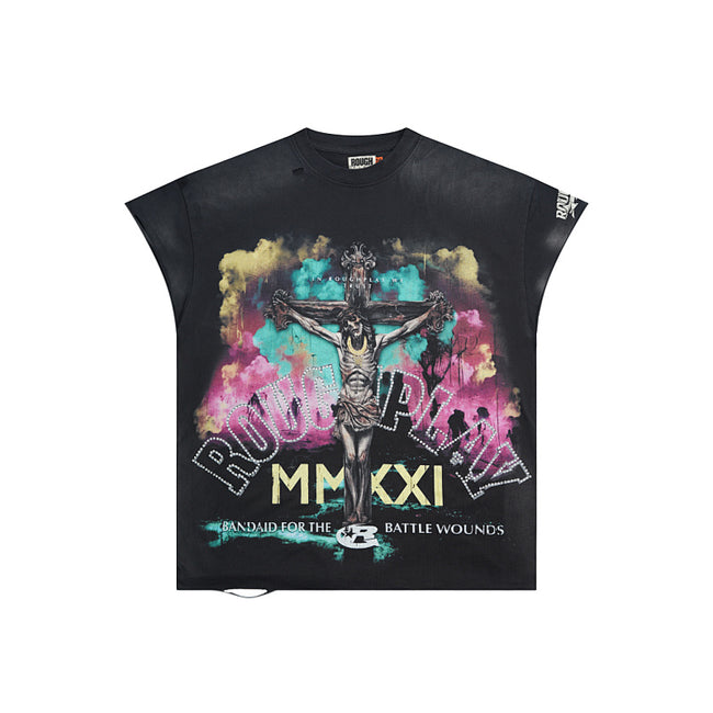 ROUGHPLAY Heavyweight Distressed Graphic Tee - Neon Cross & MMXXI Main Image