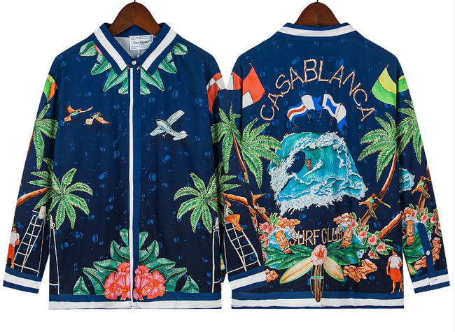 Casablanca Tropical Palm & Wave Silk-Style Shirt - Navy Hover Image