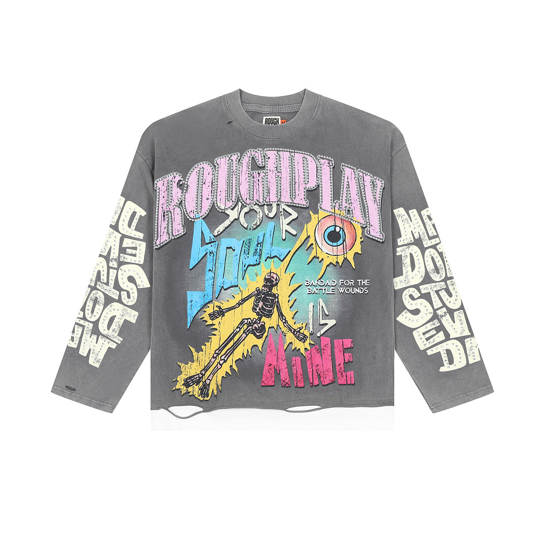 ROUGHPLAY Distressed Cyber Character Graphic Long Sleeve Shirt Unisex Washed Grey Oversized Streetwear Crewneck Top
