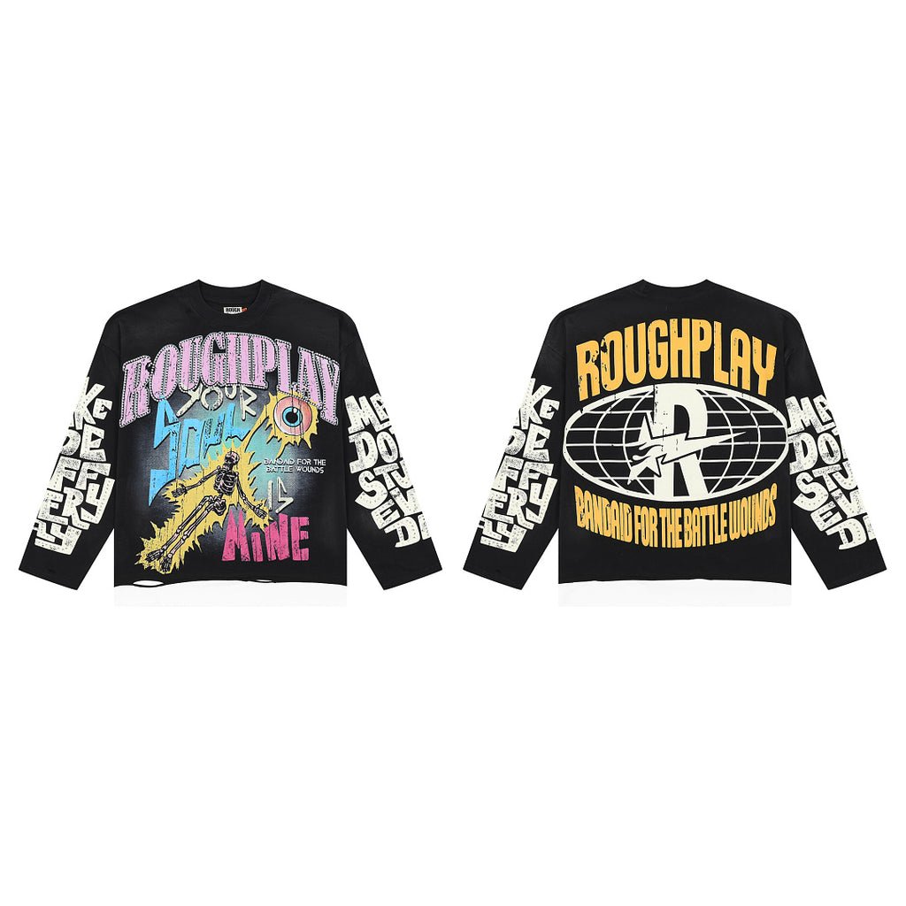 ROUGHPLAY Distressed Cyber Character Graphic Long Sleeve Shirt Unisex Black Oversized Streetwear Crewneck Top