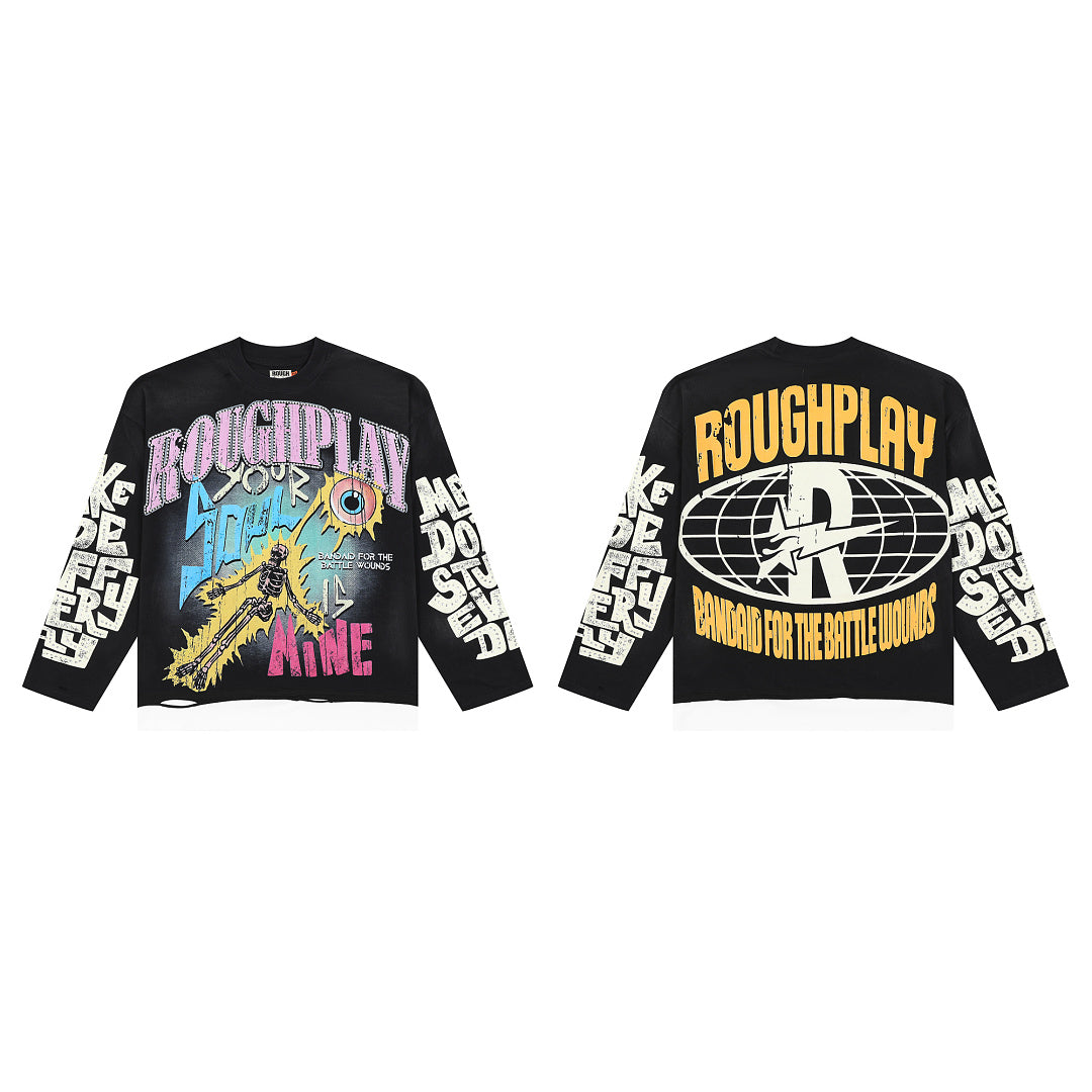 ROUGHPLAY Distressed Cyber Character Graphic Long Sleeve Shirt Unisex Black Oversized Streetwear Crewneck Top