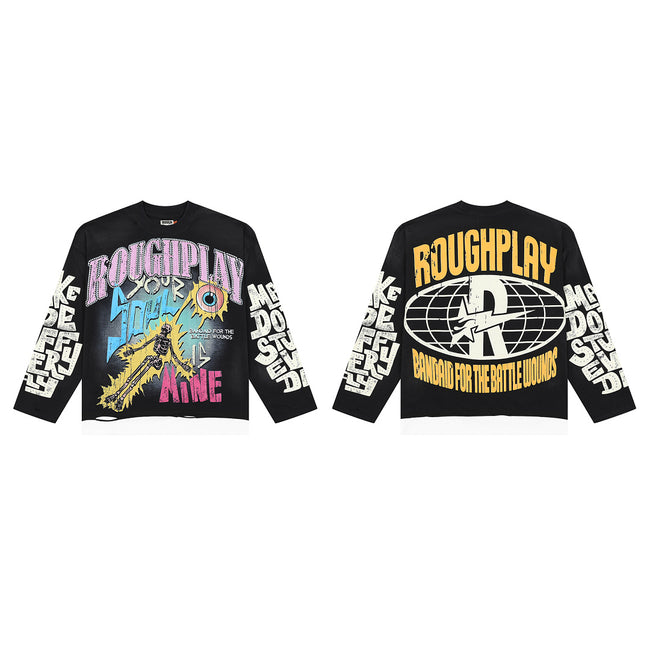 ROUGHPLAY Distressed Cyber Character Graphic Long Sleeve Shirt Unisex Black Oversized Streetwear Crewneck Top Hover Image
