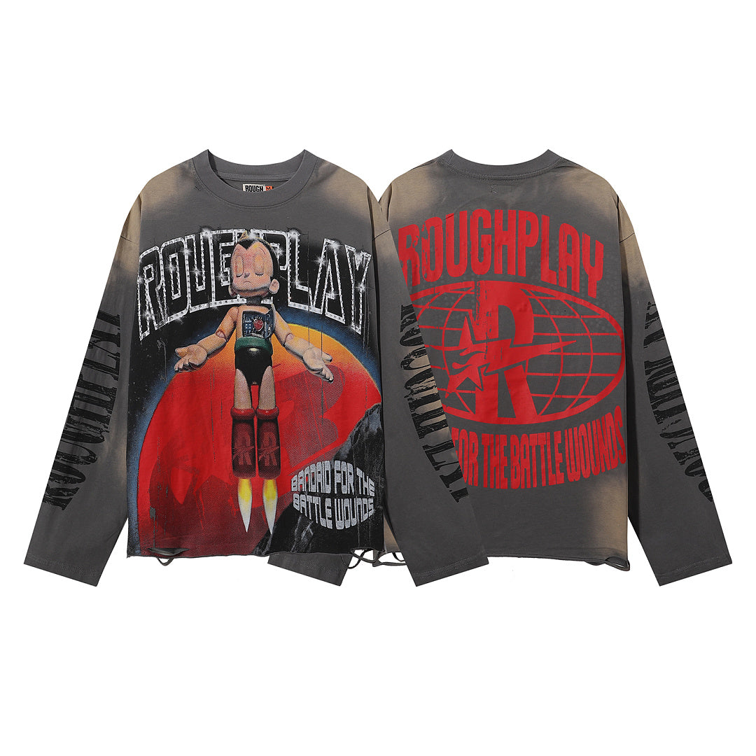 ROUGHPLAY Distressed Anime Graphic Long Sleeve Shirt Unisex Mud Wash Vintage Oversized Streetwear Crewneck Top