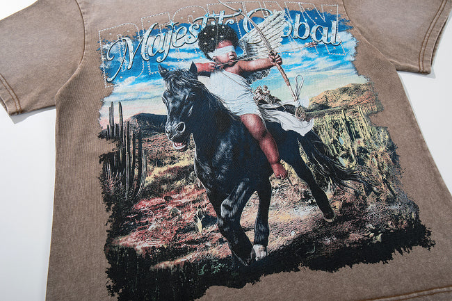 Vintage Washed Brown Cowboy Horse Graphic T-Shirt Unisex Sun-Faded Western Desert Oversized Streetwear Short Sleeve Top Main Image