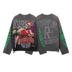 ROUGHPLAY Distressed Skeleton Graphic Long Sleeve Shirt Unisex Vintage Wash Oversized Streetwear Crewneck Top
