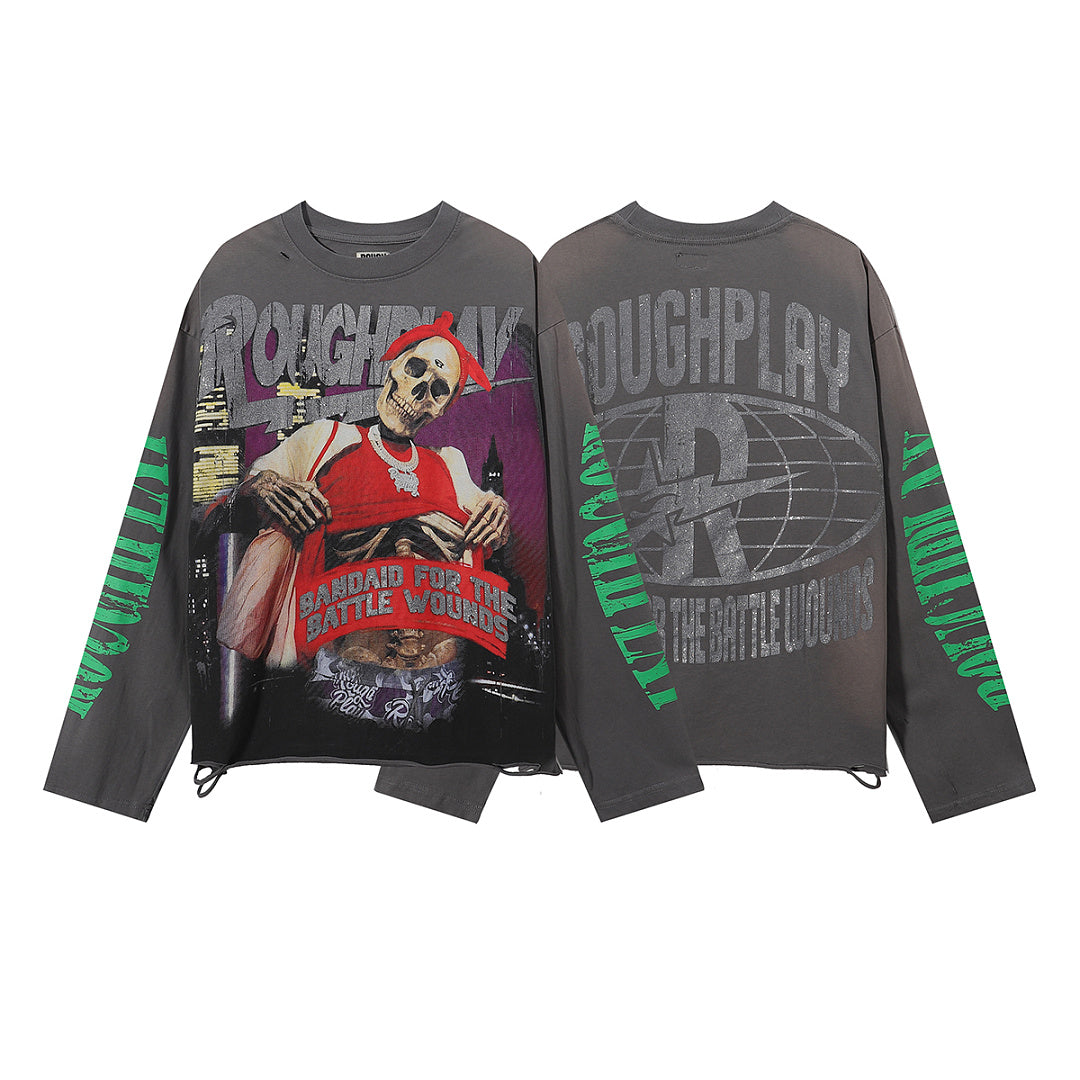 ROUGHPLAY Distressed Skeleton Graphic Long Sleeve Shirt Unisex Vintage Wash Oversized Streetwear Crewneck Top
