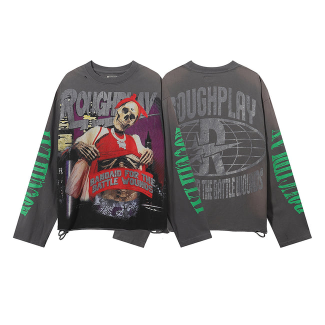 ROUGHPLAY Distressed Skeleton Graphic Long Sleeve Shirt Unisex Vintage Wash Oversized Streetwear Crewneck Top Hover Image