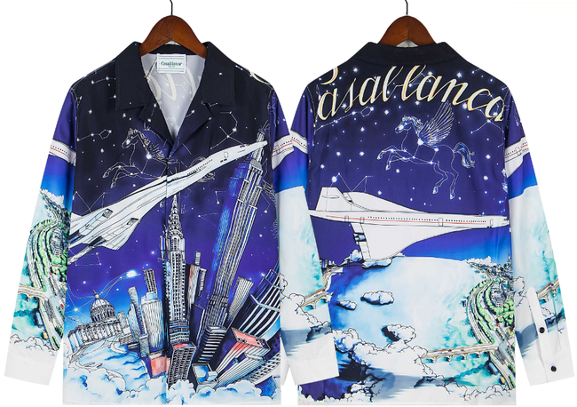 Casablanca Space Shuttle & Night Skyline Silk-Style Shirt - Navy / Blue Hover Image