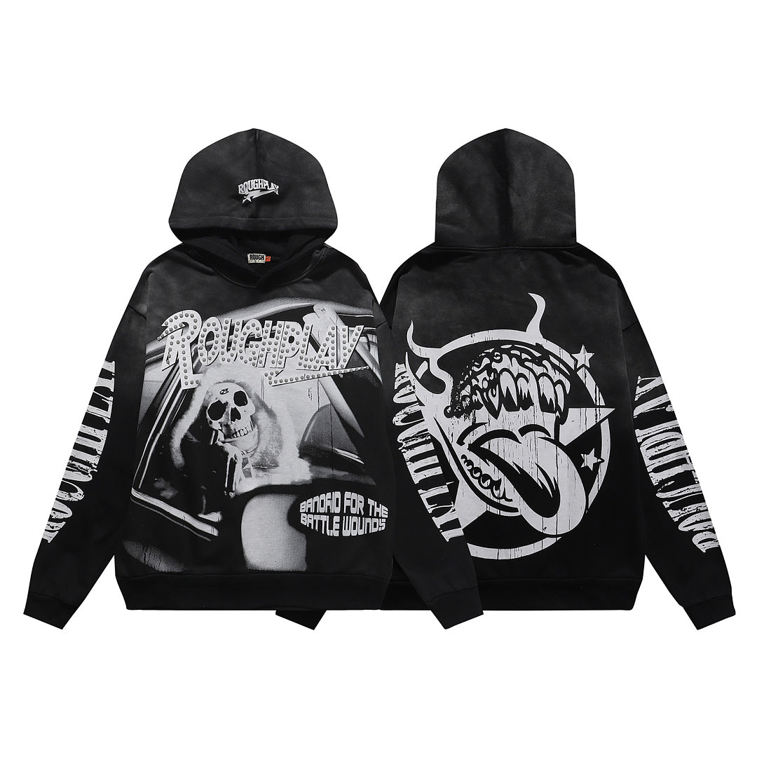 ROUGHPLAY Graphic Hoodie Oversized Heavyweight Gothic Skull Print Fleece Sweatshirt