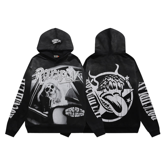 ROUGHPLAY Graphic Hoodie Oversized Heavyweight Gothic Skull Print Fleece Sweatshirt Hover Image