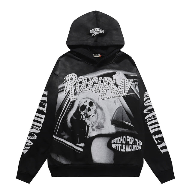 ROUGHPLAY Graphic Hoodie Oversized Heavyweight Gothic Skull Print Fleece Sweatshirt Main Image
