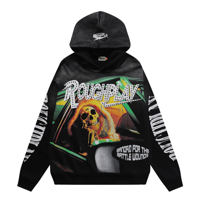 ROUGHPLAY Heavyweight Neon Green Graphic Printed Hoodie Unisex Dark Gothic Y2K Oversized Streetwear Sweatshirt Main Image