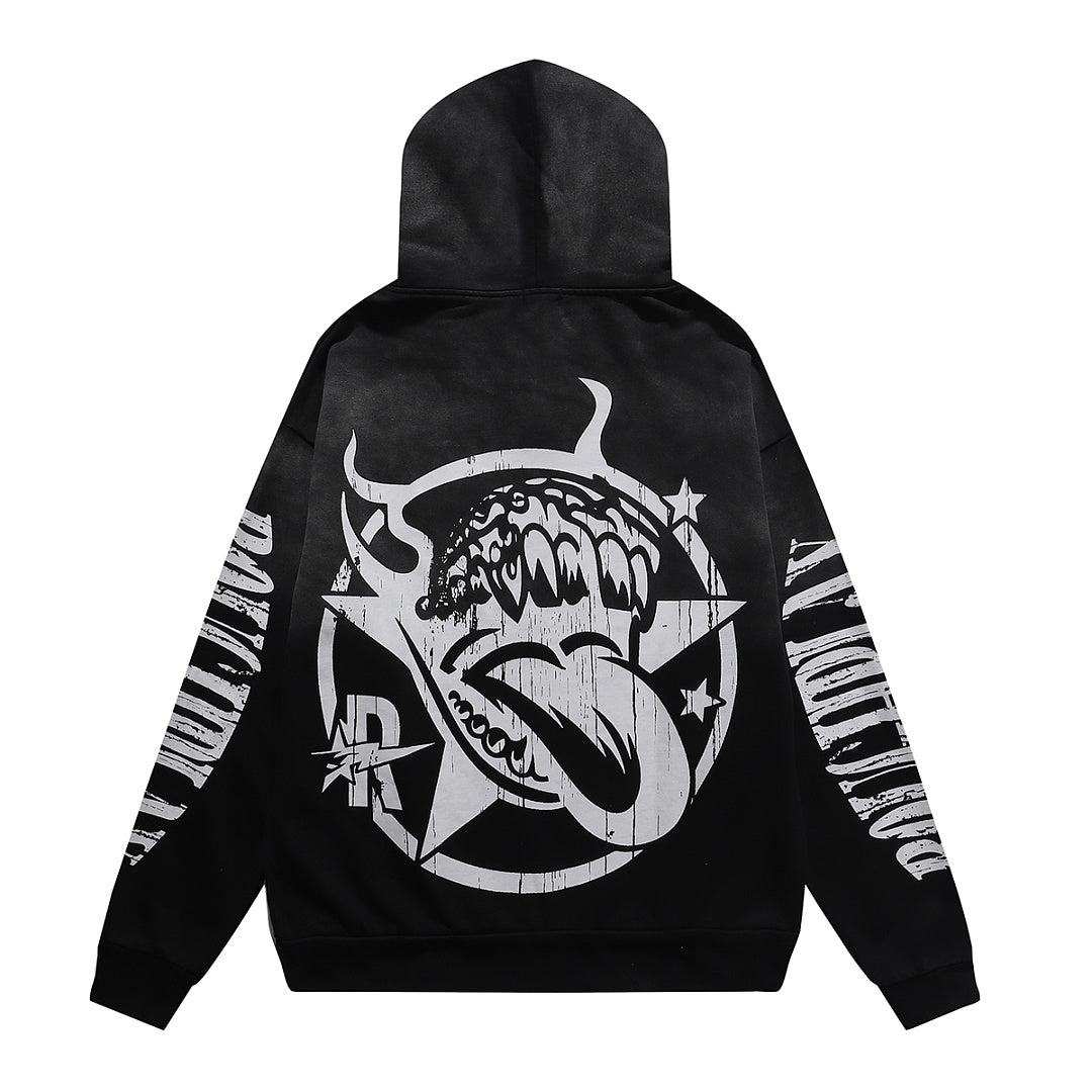 ROUGHPLAY Graphic Hoodie Oversized Heavyweight Gothic Skull Print Fleece Sweatshirt