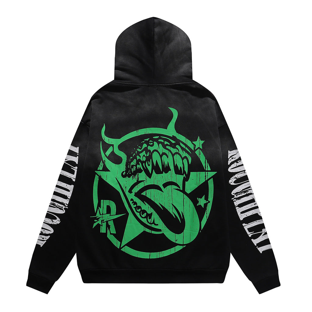 ROUGHPLAY Heavyweight Neon Green Graphic Printed Hoodie Unisex Dark Gothic Y2K Oversized Streetwear Sweatshirt